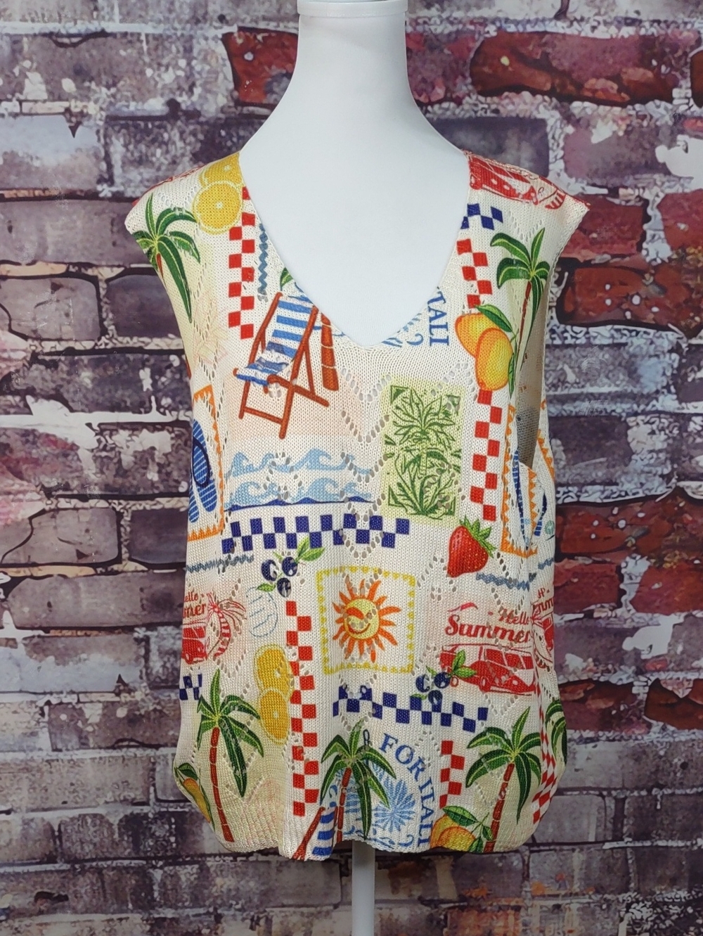 Summer"Portofino" Print V-Neck Sleeveless Top - Multi